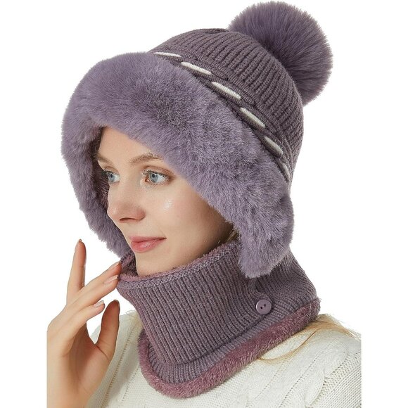 Women’s Winter Beanie Hat Set Fleece Lined Knit Balaclava with Neck Scarf - Picture 4 of 6